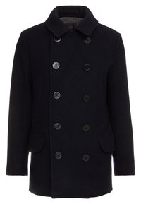 Cappotto peacoat in lana blu navy con design doppiopetto, dotato di sei grandi bottoni neri, colletto a Rever e tasche laterali.