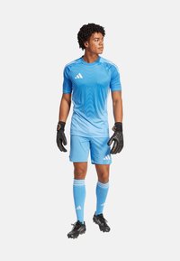 Uniforme da calcio azzurro chiaro a maniche corte, con motivo a onde, tre strisce bianche sulle maniche e guanti neri. Scarpe da calcio nere.