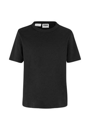 Svart kortärmad t-shirt med rund halsringning. Tillverkad av mjukt tyg, med en enhetlig färg utan mönster eller synlig utrustning.