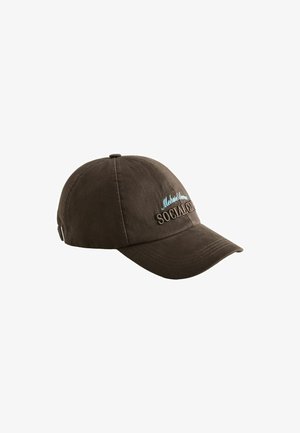Dark brown baseball cap with curved brim and embroidered text "Melrose Storne Social Club" in blue and beige on front left side.