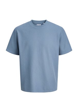 Light blue short-sleeve waffle-knit crew neck T-shirt, regular fit, with visible Jack & Jones label inside the collar.