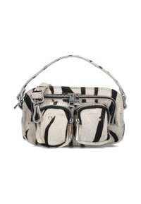 Zebraprint handtas van zacht bont, met een hoofdritscompartiment en twee voortassen, afgewerkt met zilverkleurige hardware en een korte schouderriem.