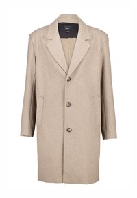 Cappotto in misto lana beige con colletto a revers, tre bottoni frontali, due tasche laterali e vestibilità rilassata. Texture liscia e design strutturato.