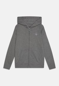 Grå hoodie med lynlås i blødt stof, med kængurulomme, hætte med snøre og et lille logo på brystet. Standard pasform med ribkanter ved ærmerne.