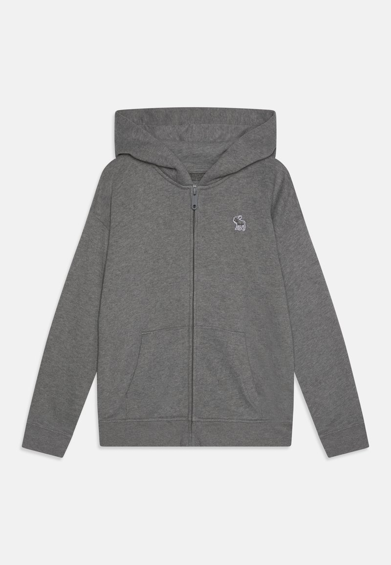 Grå hoodie med lynlås i blødt stof, med kængurulomme, hætte med snøre og et lille logo på brystet. Standard pasform med ribkanter ved ærmerne.