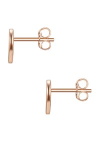 Okrogle uhane iz rožnatega zlata z gladko, sijočo površino in zadaj z metuljčkom. Vsaka uhana ima minimalističen dizajn.