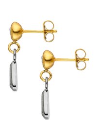 Gold and silver dangle earrings feature a rounded gold top with a tiny clear stone, connecting to a flat silver drop pendant.