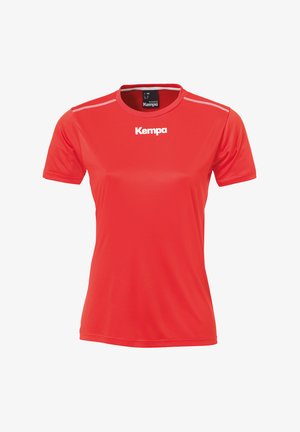 Red short-sleeve athletic shirt made of smooth, synthetic material. Features a round neck, white "Kempa" logo, and contrasting shoulder stitching.
