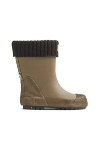 Botte étanche en caoutchouc marron avec un bord-côte tricoté noir, un panneau latéral texturé et un design avant surélevé. Semelle extérieure durable antidérapante.