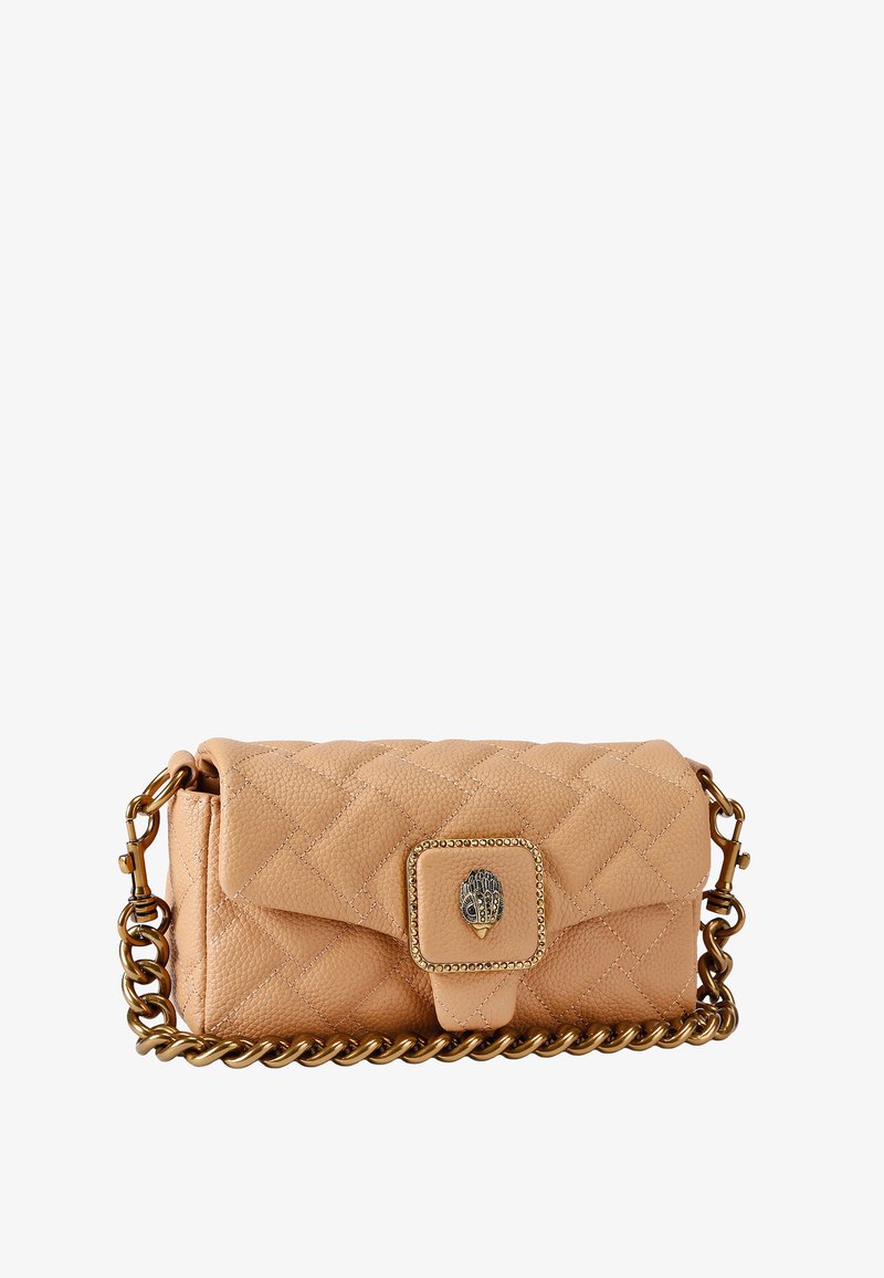 Quilted beige leather clutch with gold-tone chain strap and decorative hand-shaped clasp on front flap.