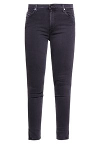Zwarte denim skinny jeans met een gladde textuur, vijf pockets ontwerp en een lichte tapering bij de enkels. Knoop- en ritssluiting.