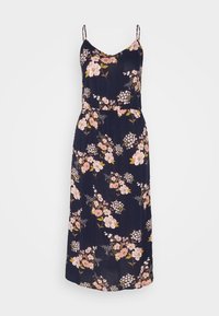 Marinblå ärmlös midiklänning med tunna band, med ett rosa och vitt blommönster och ett smalnande midja.