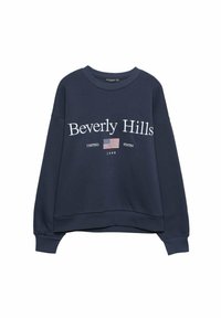 Felpa blu navy con la scritta "Beverly Hills," una piccola bandiera americana, "Stati Uniti," e "1999" stampati sulla parte anteriore.