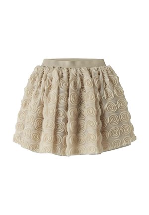 Gonna beige con un tessuto texturizzato caratterizzato da motivi a rosa sovrapposti, rifinita con una ampia fascia elastica per un aspetto arricciato.