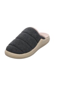 Gray fabric slip-on slipper with a quilted design and beige rubber sole. Soft inner lining, no visible hardware or accents.