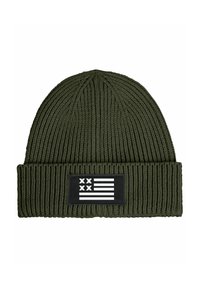 Olive green knitted beanie with ribbed texture and a black patch featuring a simplified flag design in white.