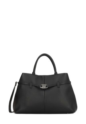Black leather handbag with a structured design, dual handles, a detachable shoulder strap, and a silver-toned hardware accent at the front.