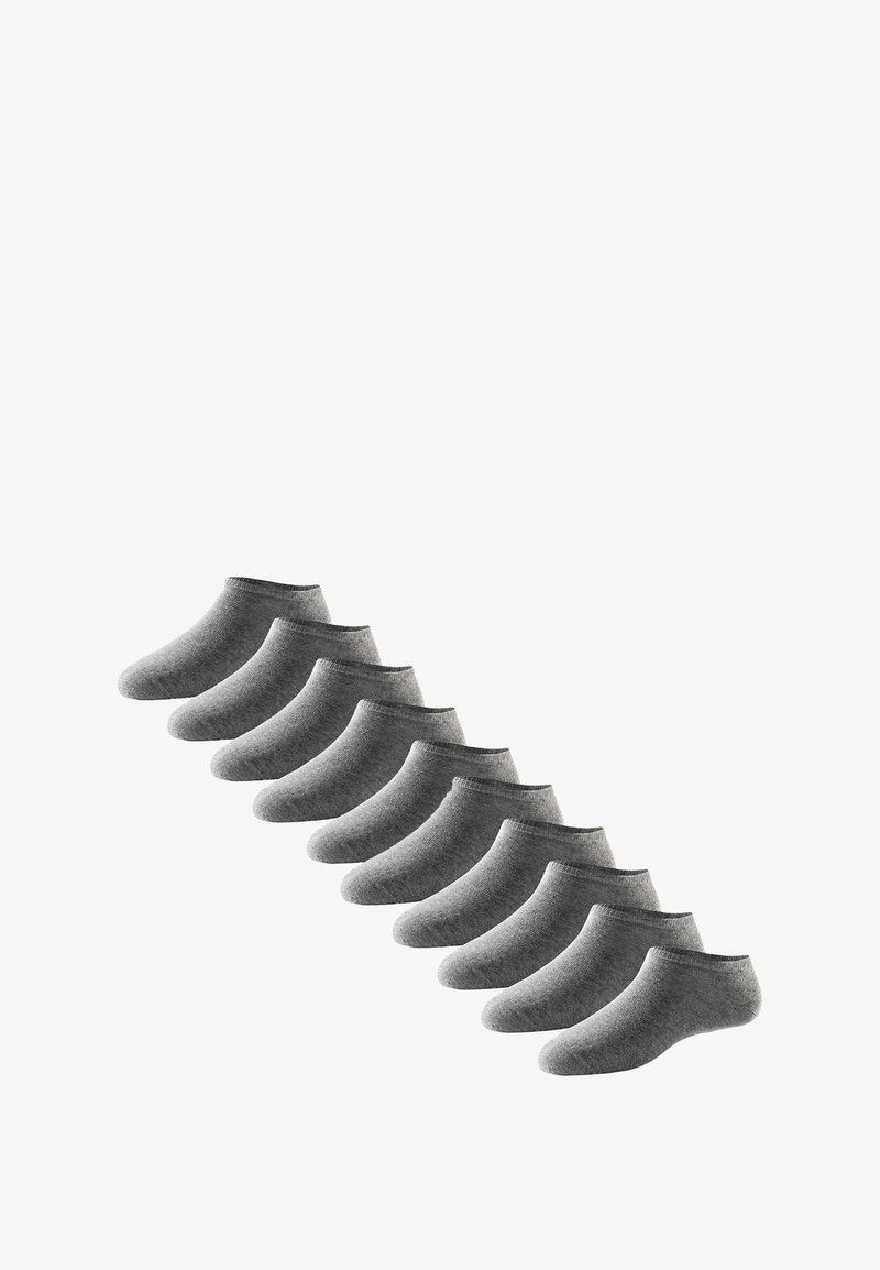 Set von zehn grauen Knöchelsocken aus einem weichen, strukturierten Material mit einem gerippten Bund und nahtlosem Design. Jede Socke hat eine abgerundete Spitze.