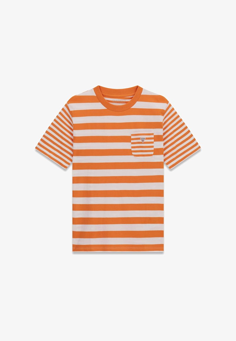 T-shirt à manches courtes rayé horizontal orange et blanc avec une poche poitrine rayée assortie et un col rond.