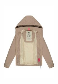 Light beige jacket with a hood, featuring a cream lining, ribbed cuffs, and a pink tag inside. Simple design with no visible hardware details.