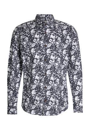 Chemise à manches longues avec un fond bleu marine orné d'un motif floral blanc. Design boutonné avec un col classique et des boutons marron.