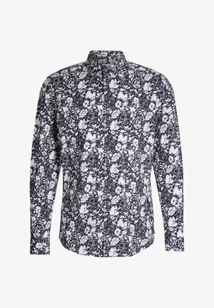 Camicia a maniche lunghe con sfondo blu navy e motivo floreale bianco. Design con bottoni e colletto classico, bottoni marroni.