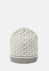 Gray and white knit beanie with a repeated "MK" pattern and a ribbed cuff featuring a thin white stripe.