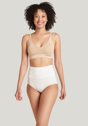 Beige Bralette mit V-Ausschnitt und elastischem Band. Hochgeschnittene weiße Unterhose mit glatter Textur und breitem Bund.