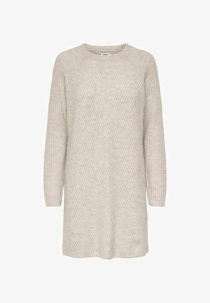 Robe-pull beige à manches longues avec un motif côtelé diagonal subtil et un col rond, confectionnée dans un tissu doux et texturé.