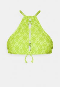 Zelený halter bikiny top s diamantovým vzorem. Obsahuje výřez ve tvaru klíče a vázání na zádech. Lehká, strukturovaná tkanina.