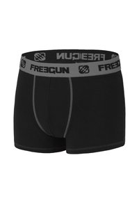 Boxer shorts noirs avec un waistband élastique gris portant le nom de la marque "FREEGUN". Fabriqués en tissu lisse, avec des détails de couture contrastants.