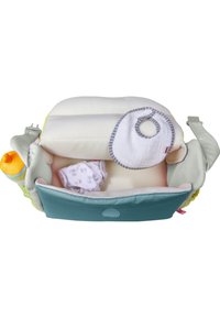 Soft fabric baby bag in light gray and teal, featuring a plush inner lining, storage compartments, and a detachable bib with a striped edge.