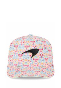 Kappe mit einem pastellfarbenen Blumenmuster in Blau, Pink und Gelb. Hat ein schwarzes Logo auf der Vorderseite und einen strukturierten, gebogenen Schirm.