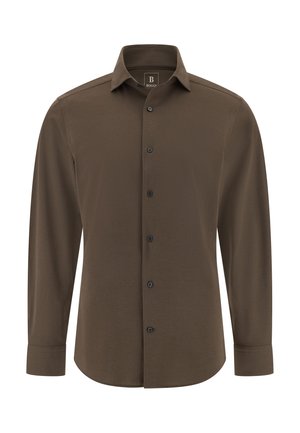 Bruine langarmshirt gemaakt van zachte stof, met een klassieke kraag, zwarte knopen en een gebogen zoom, geschikt voor verschillende gelegenheden.