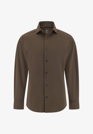 Ruda ilgomis rankovėmis marškiniai, pagaminti iš minkštos medžiagos, su klasikiniais sakais, juodais mygtukais ir kreiviu kraštu, tinkami įvairioms progoms.