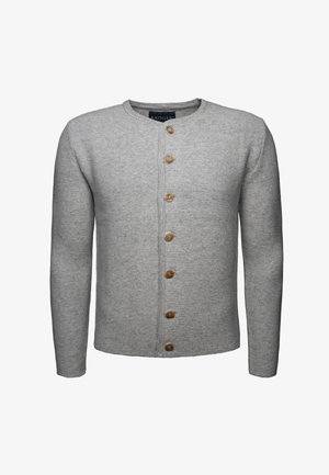 Grey knit cardigan with a round neckline, featuring six wooden buttons down the front. Long sleeves and a textured, ribbed design.