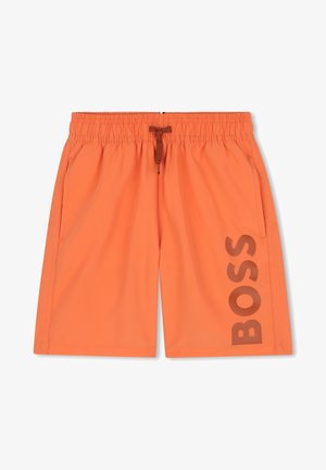 Oranje shorts van lichtgewicht stof, met een elastische tailleband met een trekkoord en zijzakken. Groot "BOSS"-logo aan de voorkant.