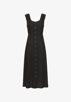 Abito di lino nero con un corpino aderente, bottoni frontali e spalline arricciate. Design di lunghezza media con una texture liscia.