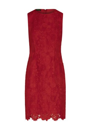 Rode mouwloze jurk met bloemig kantontwerp, een gekartelde zoom en een discrete ritssluiting aan de achterkant. Soepele textuur en aansluitende silhoeet.