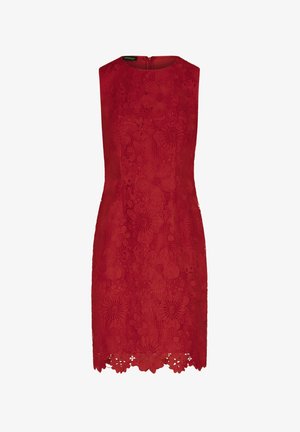 Rode mouwloze jurk met bloemig kantontwerp, een gekartelde zoom en een discrete ritssluiting aan de achterkant. Soepele textuur en aansluitende silhoeet.