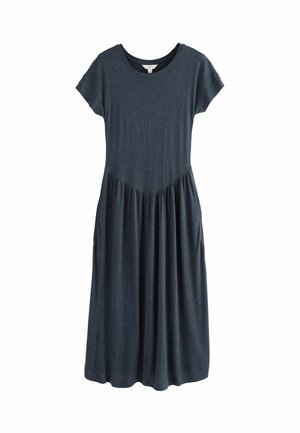 Dunkelblaues Kurzarmkleid aus weichem Stoff. Verfügt über einen runden Ausschnitt und einen schwingenden Rock mit Raffungen an der Taille.