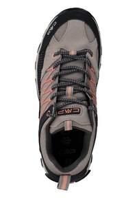 Grey hiking shoe with black accents, textured fabric upper, orange detailing, robust laces, and a padded collar for comfort.