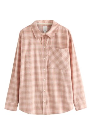Camicia a maniche lunghe con bottoni in rosa chiaro con motivo a quadri a scacchi. Presenta una tasca sul petto e orlo arrotondato. Realizzata in tessuto leggero.
