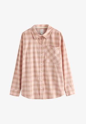 Langærmet skjorte med knapper i lyserød med ternet plaidmønster. Har en brystlomme og afrundet kant. Fremstillet af et let stof.