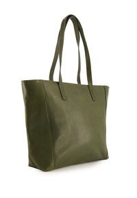 Oliwkowa skórzana torba typu tote z dwoma paskami na ramię, gładka faktura i minimalistyczny design; posiada widoczne akcenty szwów.