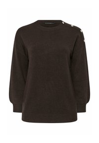 Maglione marrone scuro realizzato in un tessuto morbido, con scollatura rotonda, maniche ampie e bottoni decorativi sulla spalla sinistra.