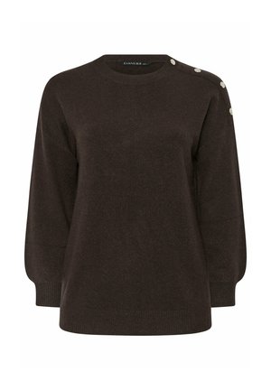 Pull marron foncé en tissu doux, avec un col rond, des manches amples et des boutons décoratifs sur l'épaule gauche.