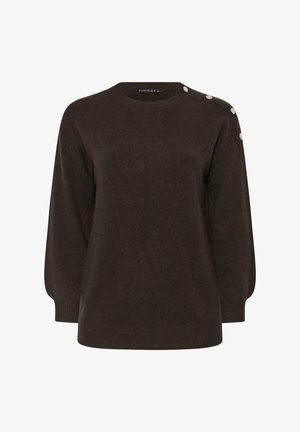 Maglione marrone scuro realizzato in un tessuto morbido, con scollatura rotonda, maniche ampie e bottoni decorativi sulla spalla sinistra.