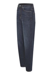 Jeans in denim blu scuro con un design a gamba dritta, cinque tasche e cuciture a vista. La texture è liscia con una leggera scoloritura.