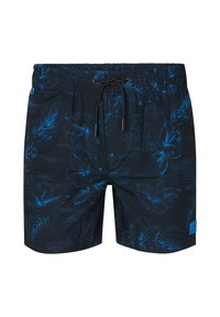 Czarne szorty kąpielowe z niebieskim kwiatowym wzorem, elastycznym pasem w talii i czarnym sznurkiem. Posiadają małą metkę z logo po boku.